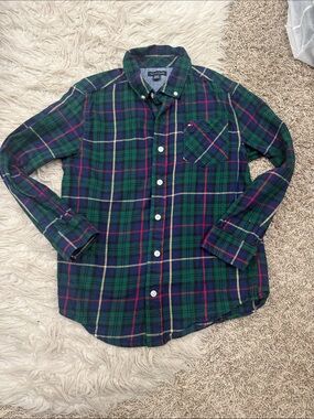 Tommy Hilfiger Green and Blue Plaid Button-Down Shirt boys 12years